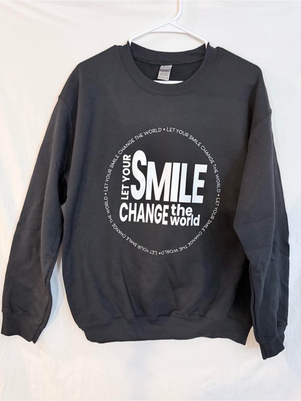 Gildan Black Crewneck Sweatshirt with White 'Smile Change the World' Print